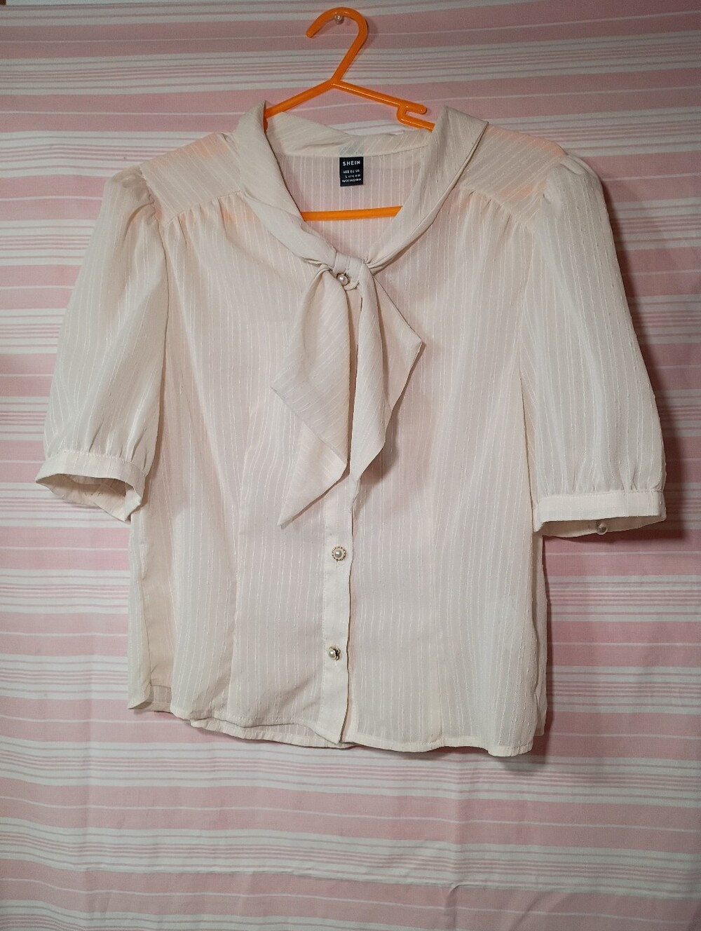 SHEIN Cream Tie-Neck Puff Sleeve Blouse
